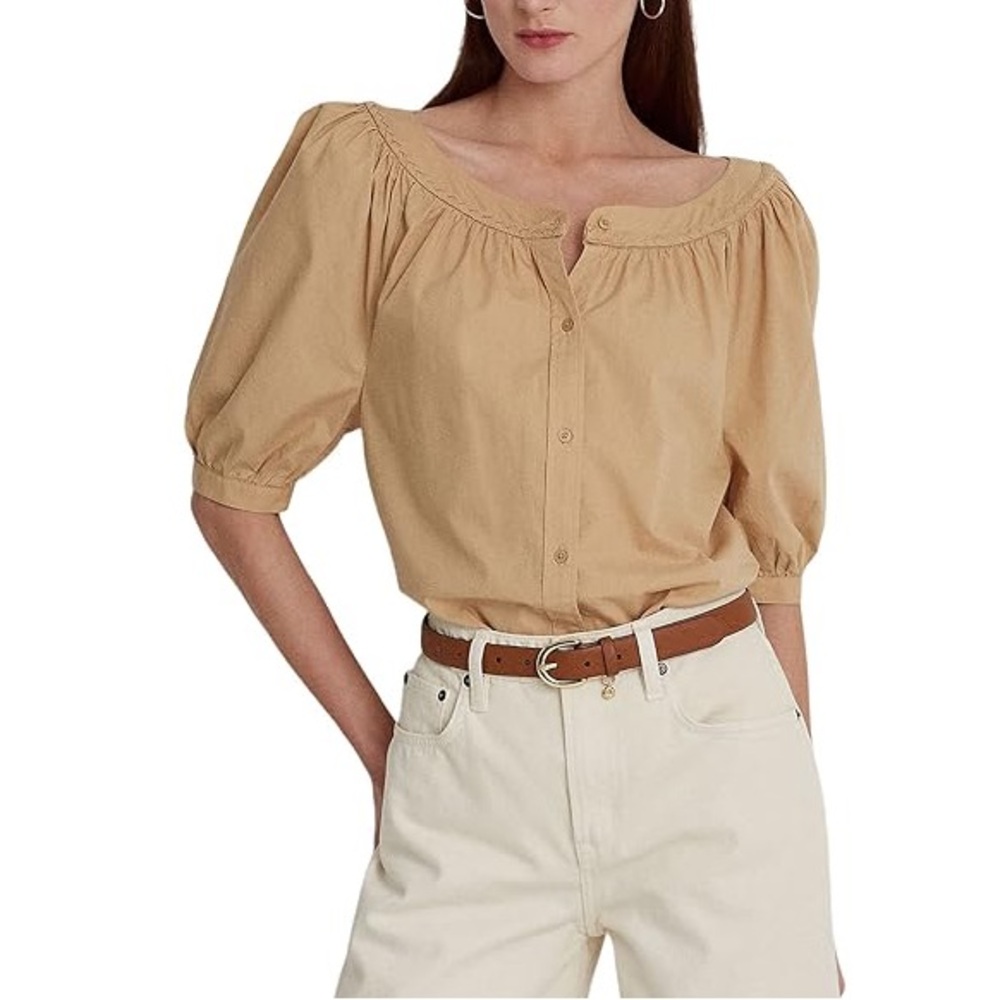 Lauren Ralph Lauren Size M Cotton Broadcloth Puff Sleeve Shirt Blouse Birch Tan